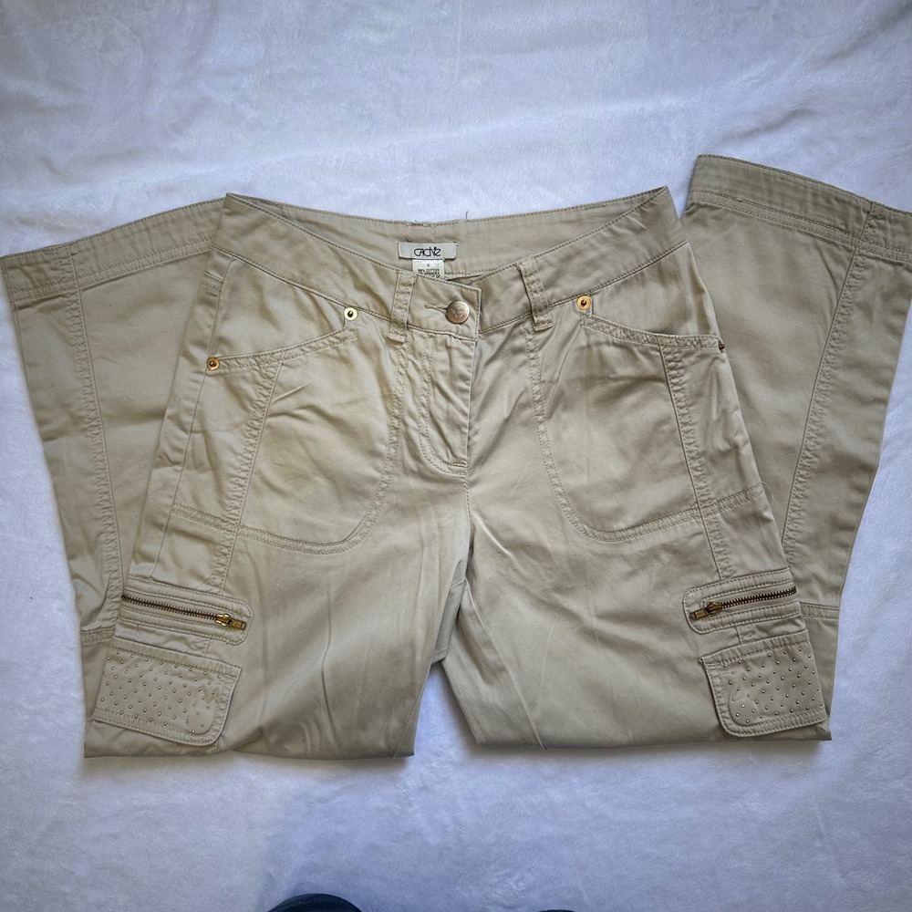 Cache Beige‎ cropped studded Pocket y2k Women's cargo pants SZ 0